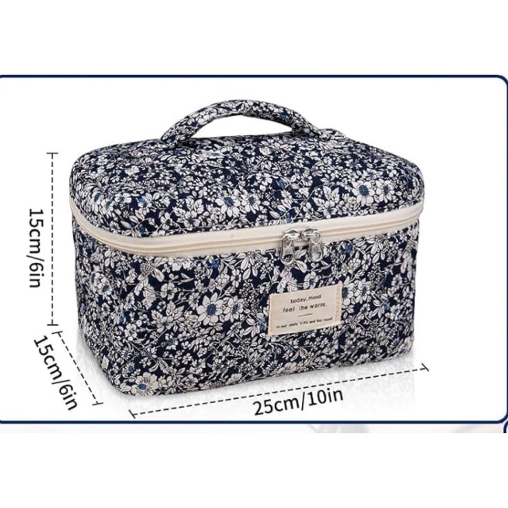 Floral Quilted Travel Cosmetic Bag Makeup Toiletry Organizer Zipper Handle Case - Picture 6 of 6
